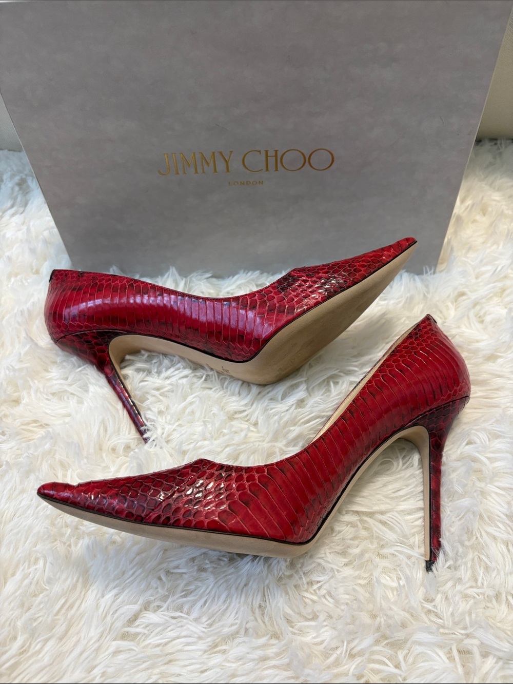 Jimmy Choo Red Snakeskin Pointed Stiletto Pumps